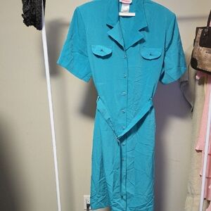 Charisma Turquoise Button-Front Shirt Dress with Self Tie